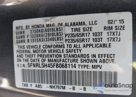 2015 Honda Odyssey Ex из США, поврежденный, VIN 5FNRL5H45FB068114